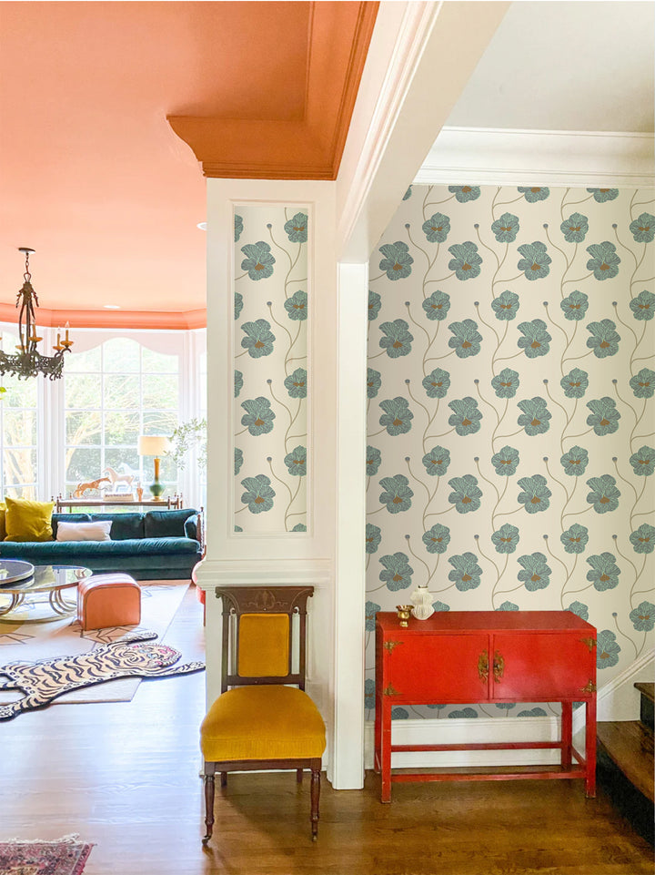 Flourish - Sunbleached Teal Floral Wallpaper by Natalie Papier