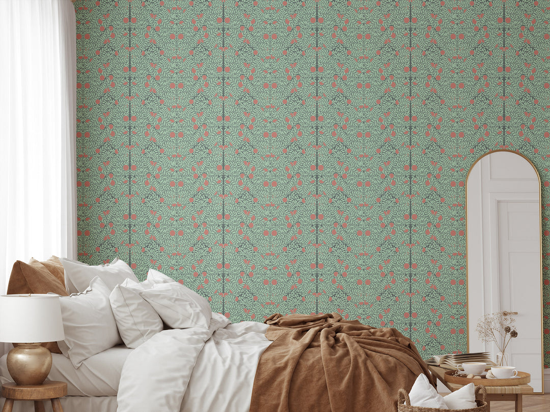 Orange Bush - Mint & Coral Floral Wallpaper