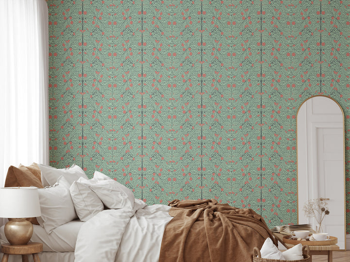 Orange Bush - Mint & Coral Floral Wallpaper