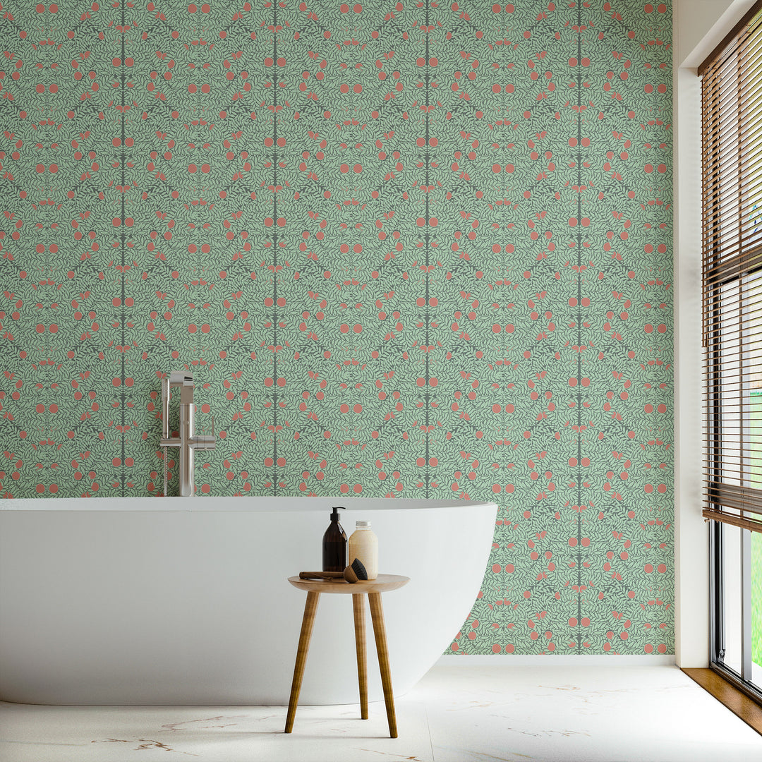 Orange Bush - Mint & Coral Floral Wallpaper