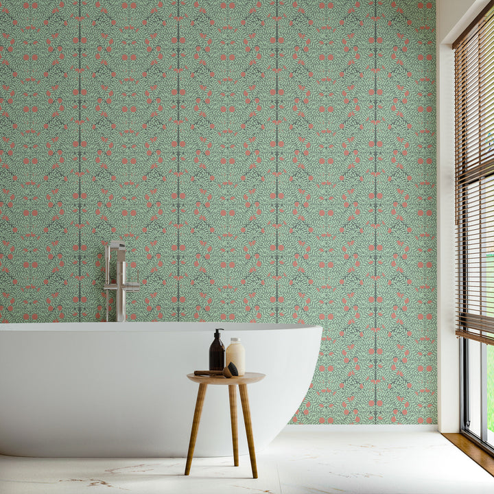 Orange Bush - Mint & Coral Floral Wallpaper