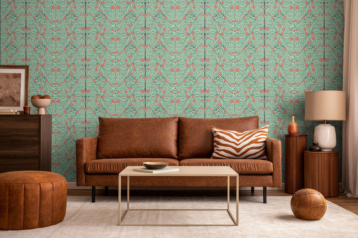 Orange Bush - Mint & Coral Floral Wallpaper