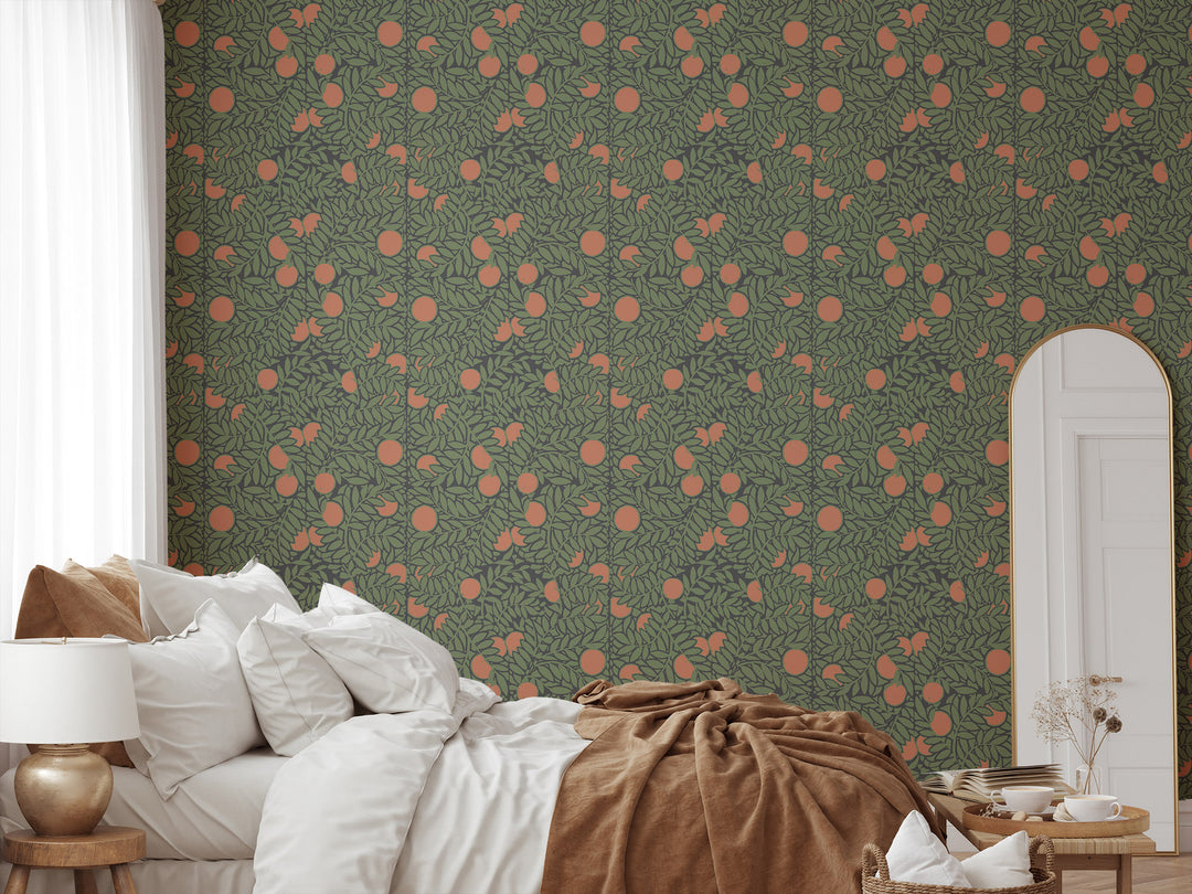 Orange Grove - Forest Green Floral Wallpaper