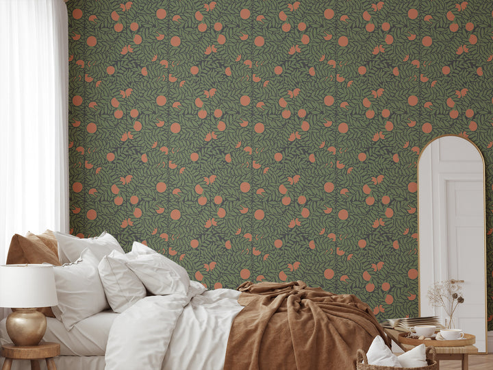 Orange Grove - Forest Green Floral Wallpaper