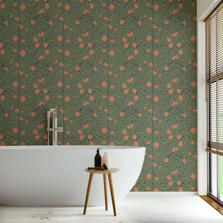 Orange Grove - Forest Green Floral Wallpaper