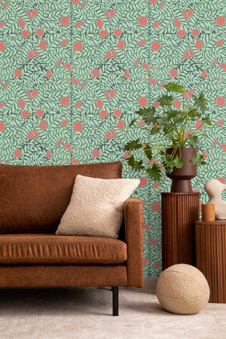Orange Grove - Mint Coral Floral Wallpaper