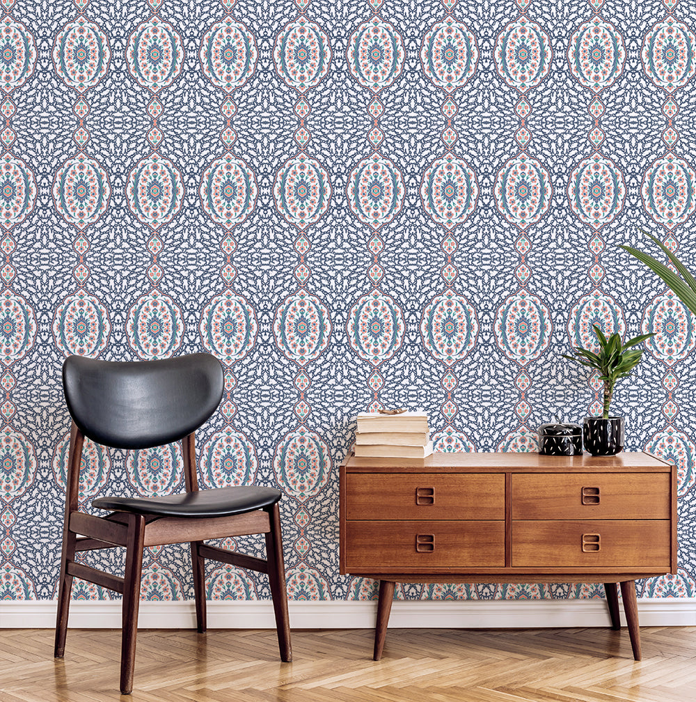 Ottoman Jewel - Blues & Coral Wallpaper