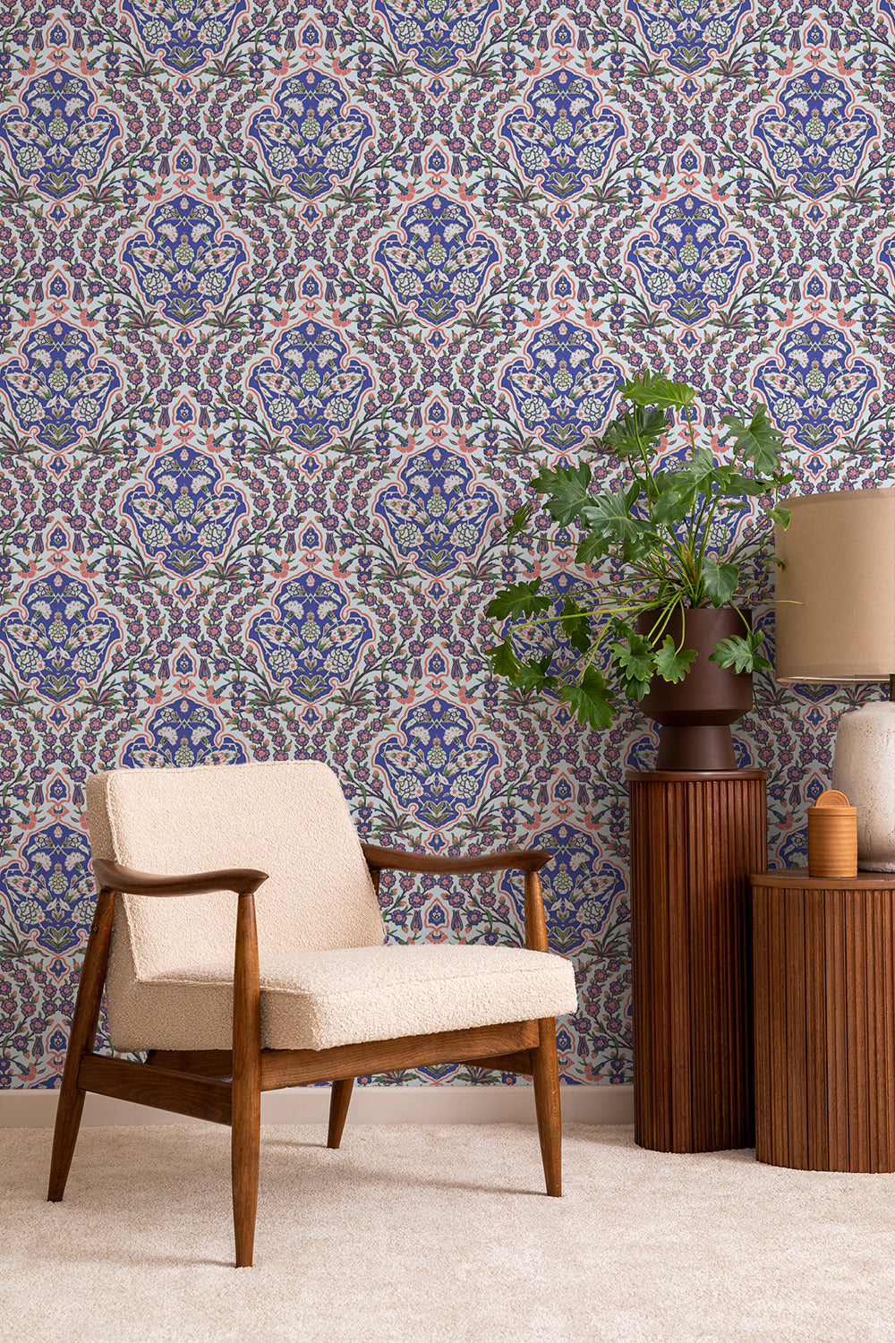 Ottoman Large - Blues & Coral Wallpaper