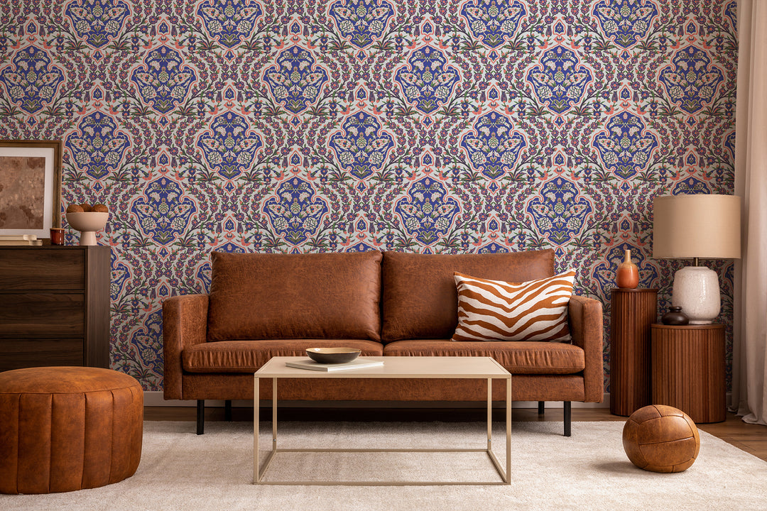 Ottoman Large - Blues & Coral Wallpaper