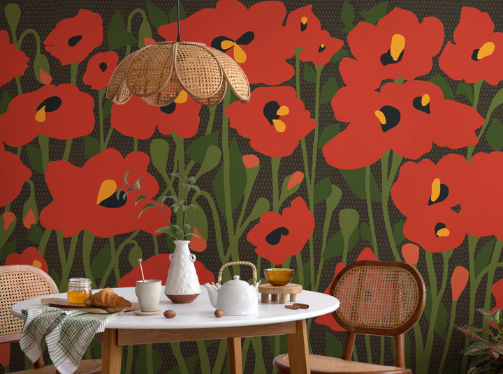 Poppy Fields Floral Wall Mural - Scarlet Shadows