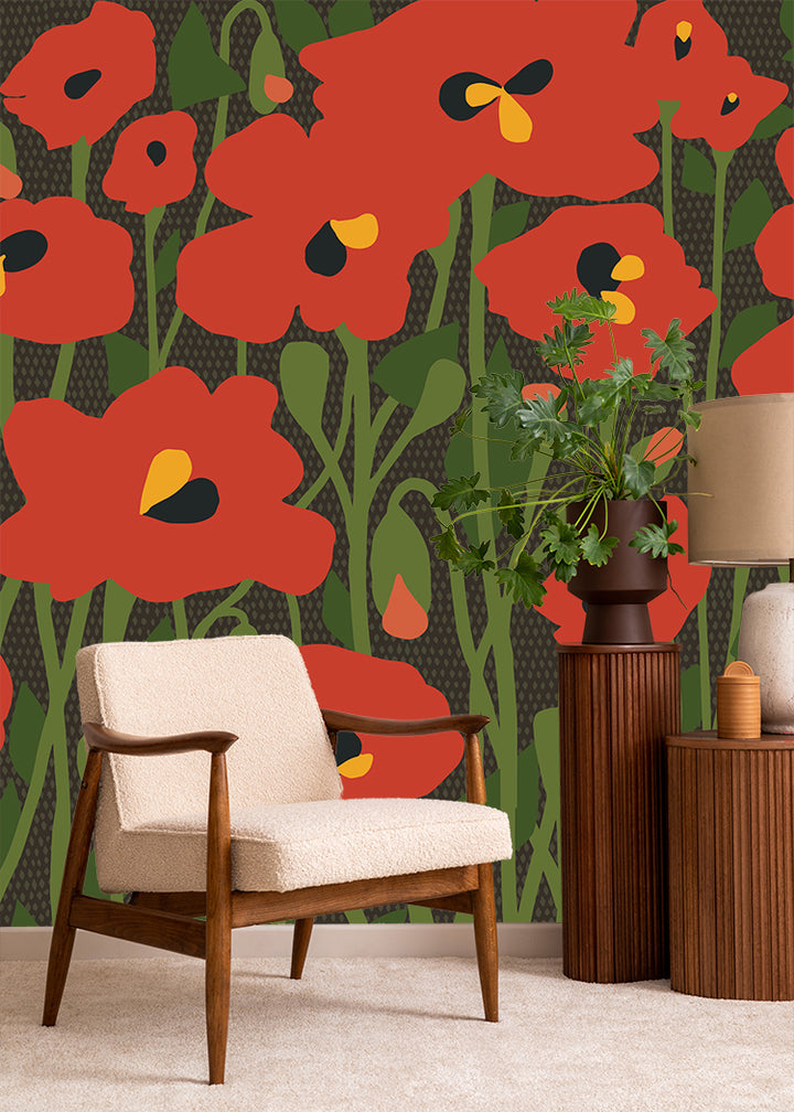 Poppy Fields Floral Wallpaper Mural - Scarlet Shadows