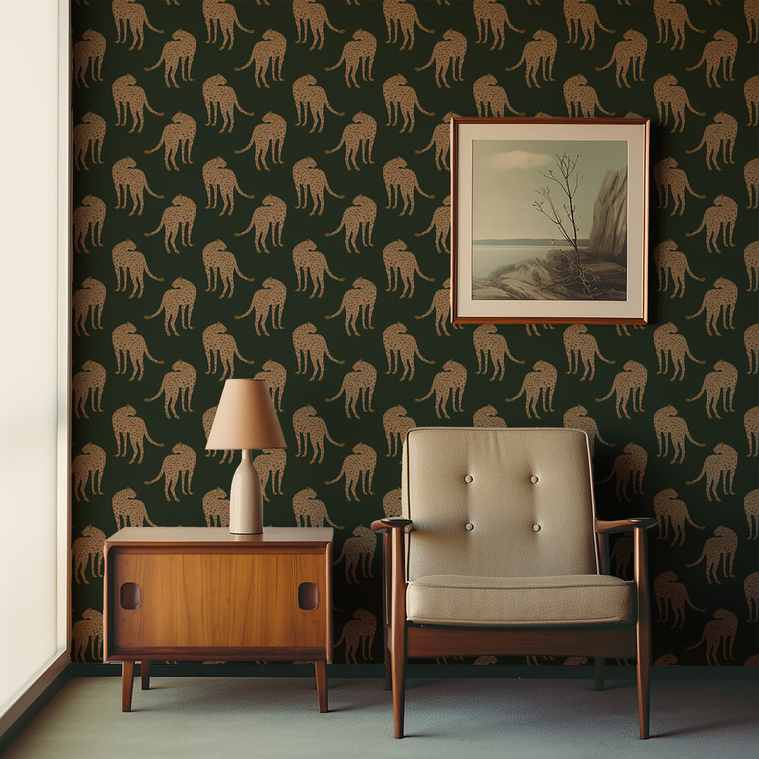 Prowling Cheetah - Deep Forest Green Wallpaper