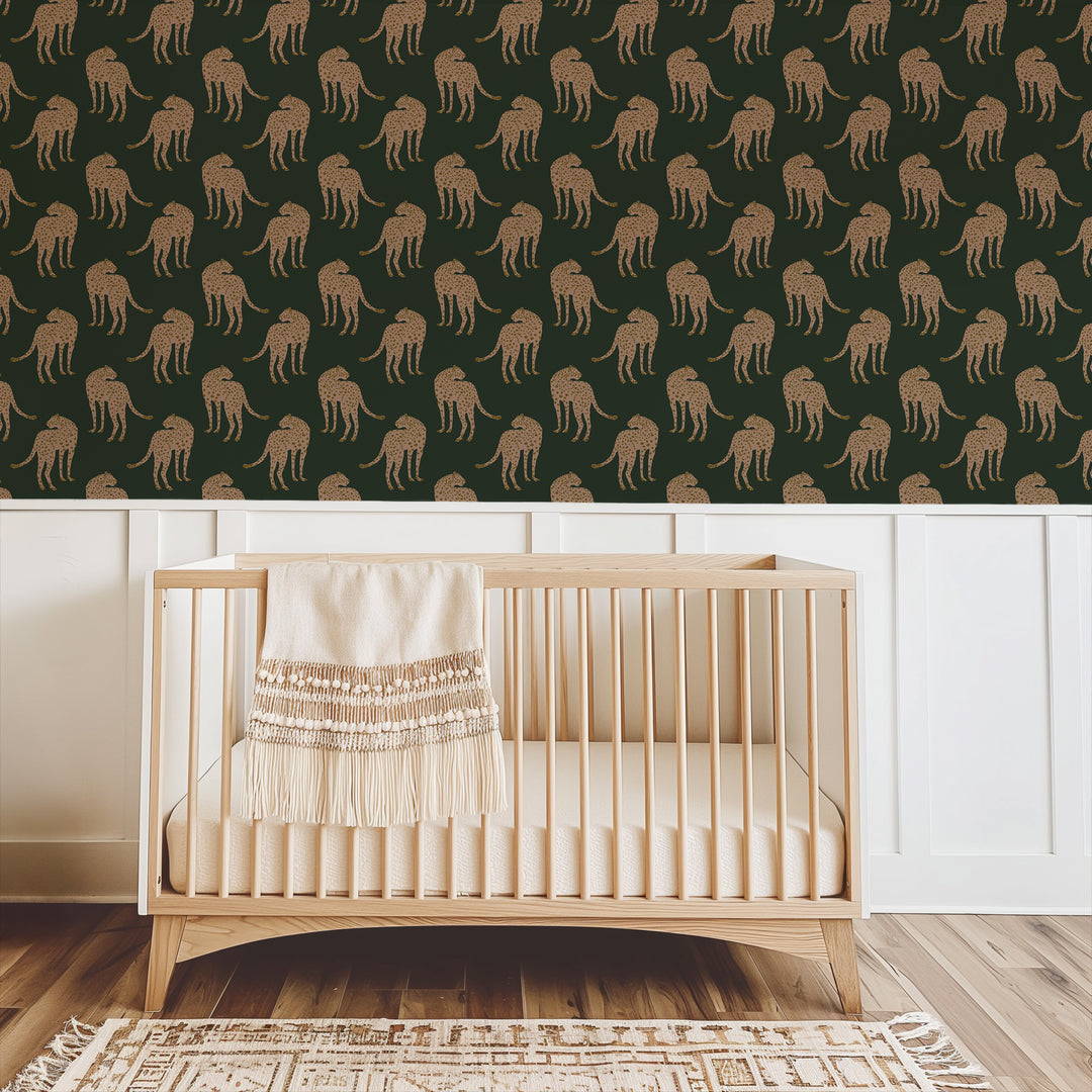 Prowling Cheetah - Deep Forest Green Wallpaper
