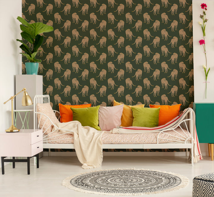 Prowling Cheetah - Deep Forest Green Wallpaper