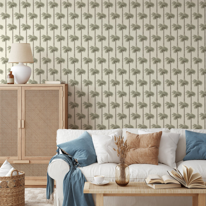 Retro Tiki Palm Trees - Sunbleached Beige Wallpaper