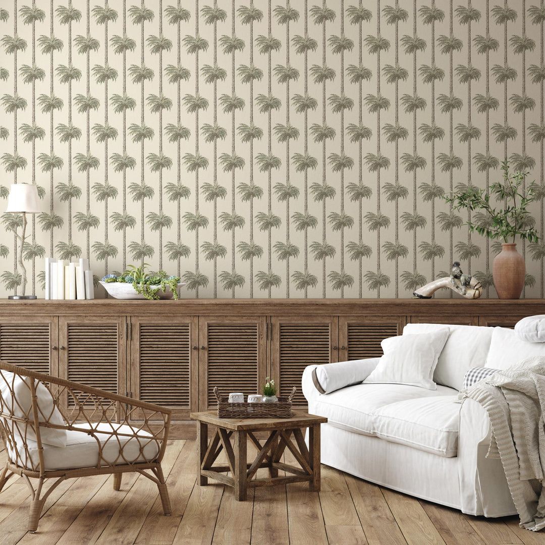 Retro Tiki Palm Trees - Sunbleached Beige Wallpaper