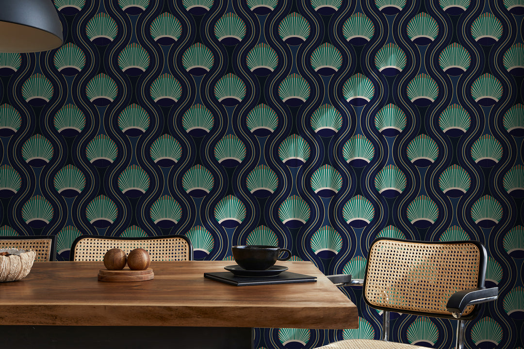 African Art Deco Shell - Blue Wallpaper by Julianne Taylor Style