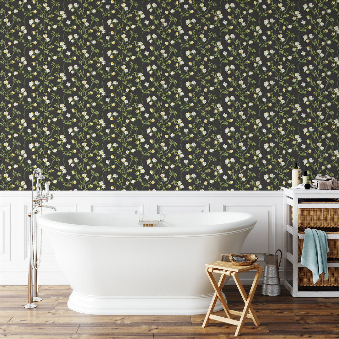 Rose Thorns - Soot Black Floral Wallpaper