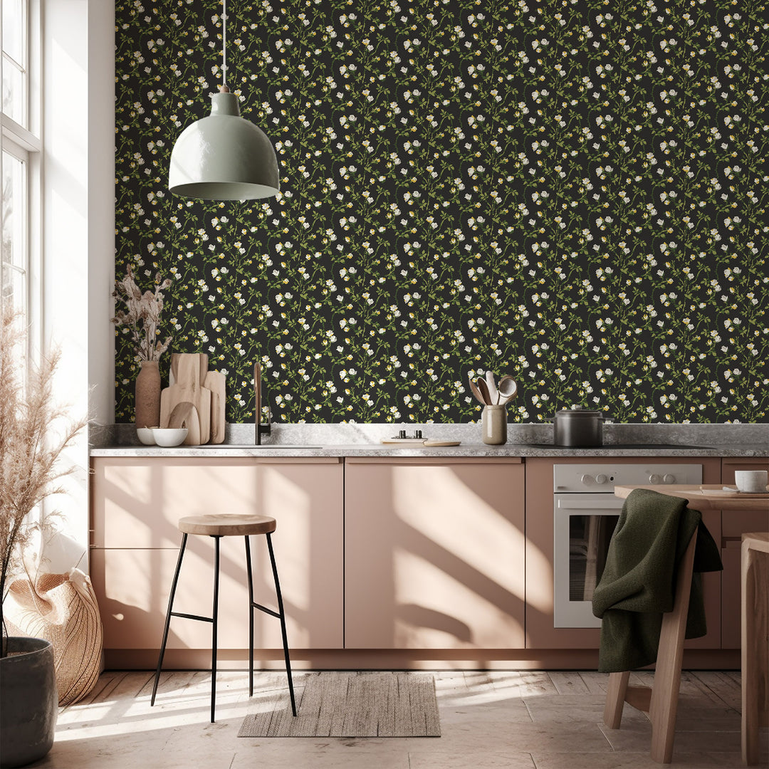 Rose Thorns - Soot Black Floral Wallpaper
