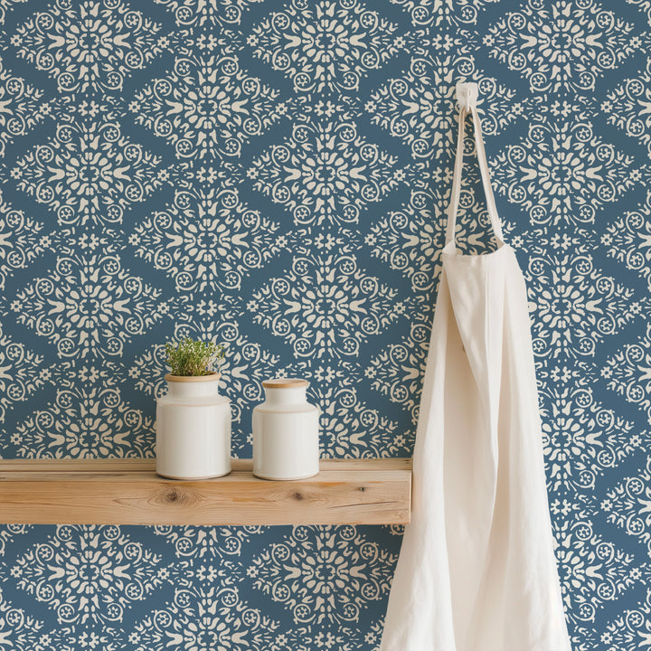 Timbre Damask - Blue Salt Wallpaper