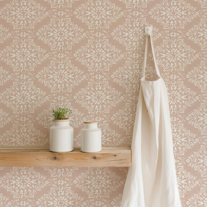 Timbre Damask - Dusty Peach Wallpaper