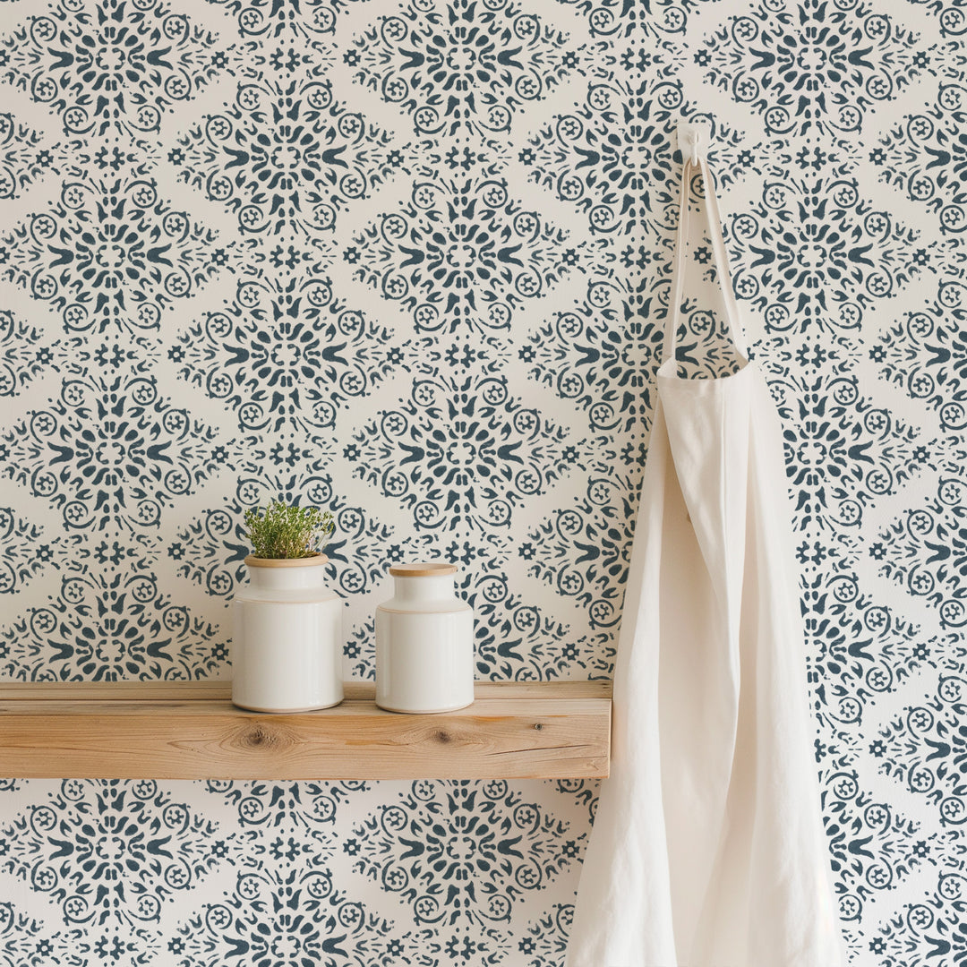 Timbre Damask - Stone Blue Wallpaper
