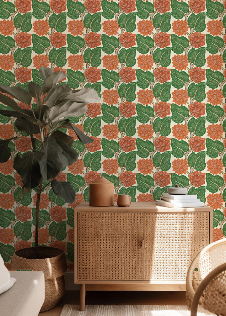 Vintage Vines - Vermillion Red Floral Wallpaper by Bohemian Bungalow