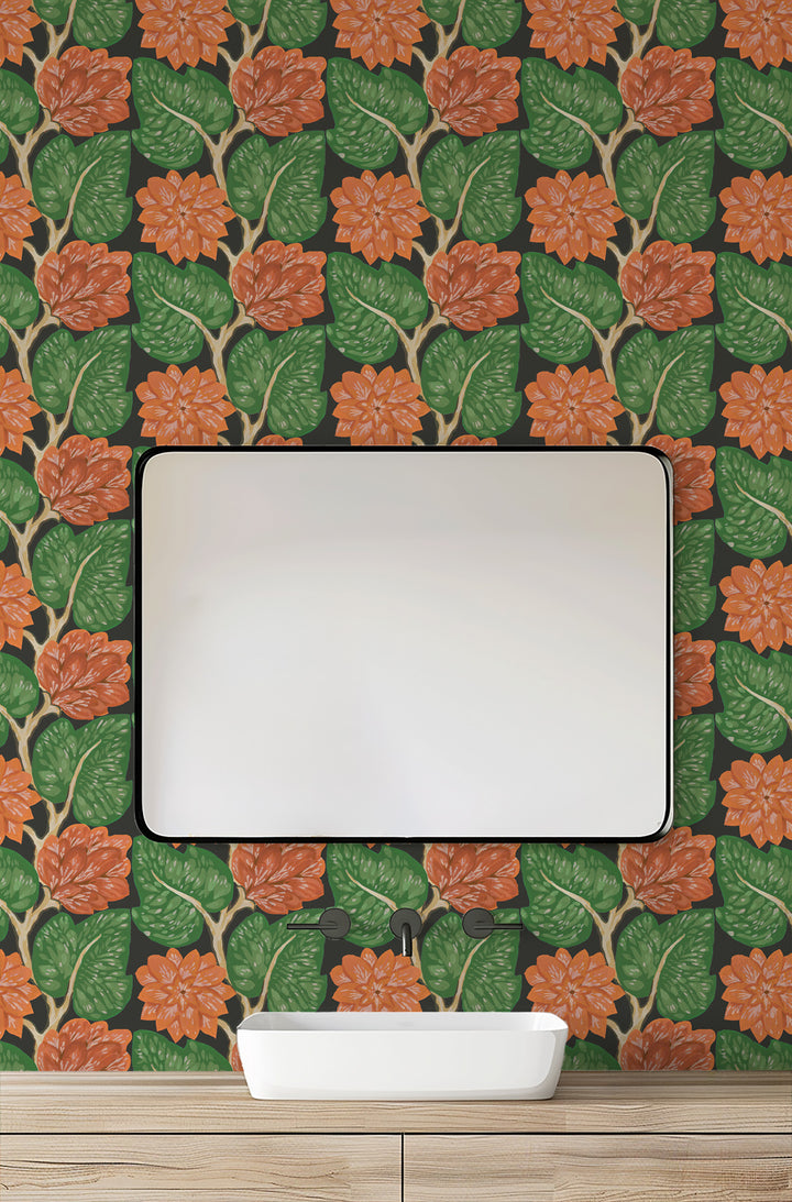 Vintage Vines - Vermillion Red on Black Floral Wallpaper by Bohemian Bungalow