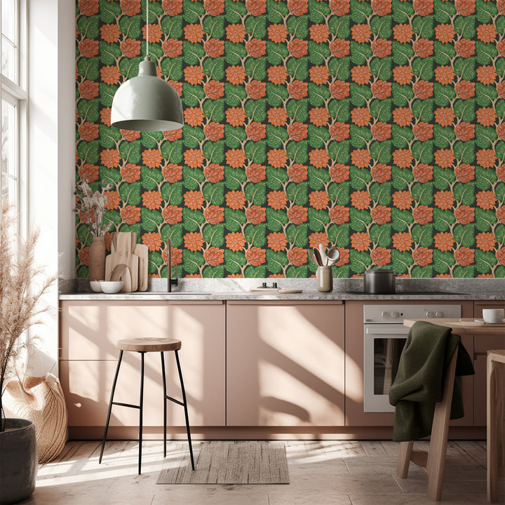 Vintage Vines - Vermillion Red on Black Floral Wallpaper by Bohemian Bungalow