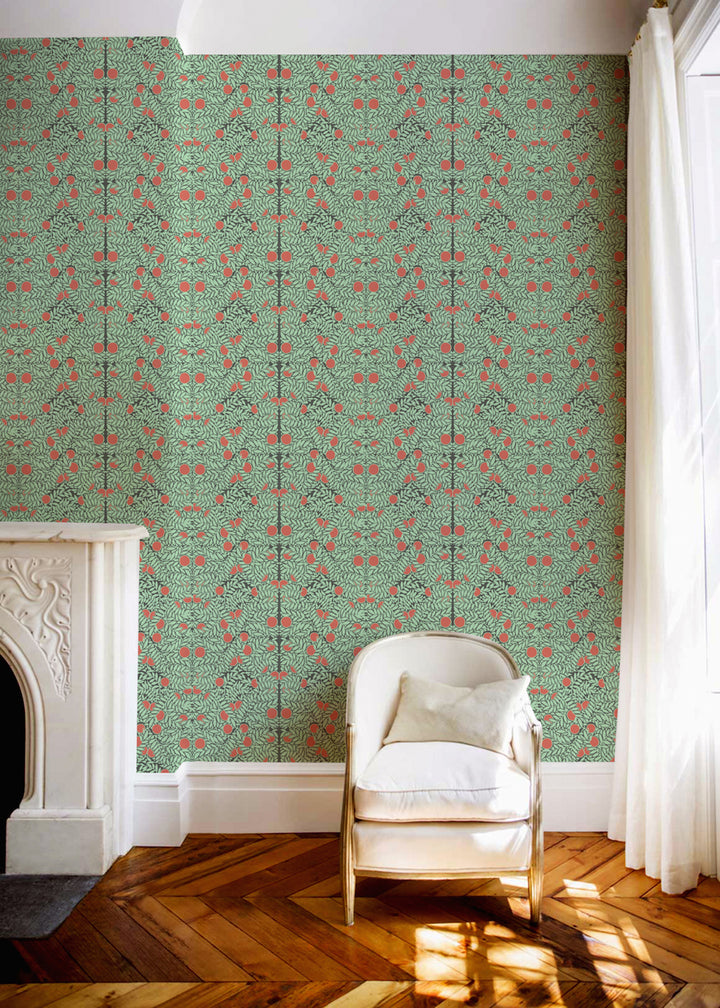 Orange Bush - Mint & Coral Floral Wallpaper