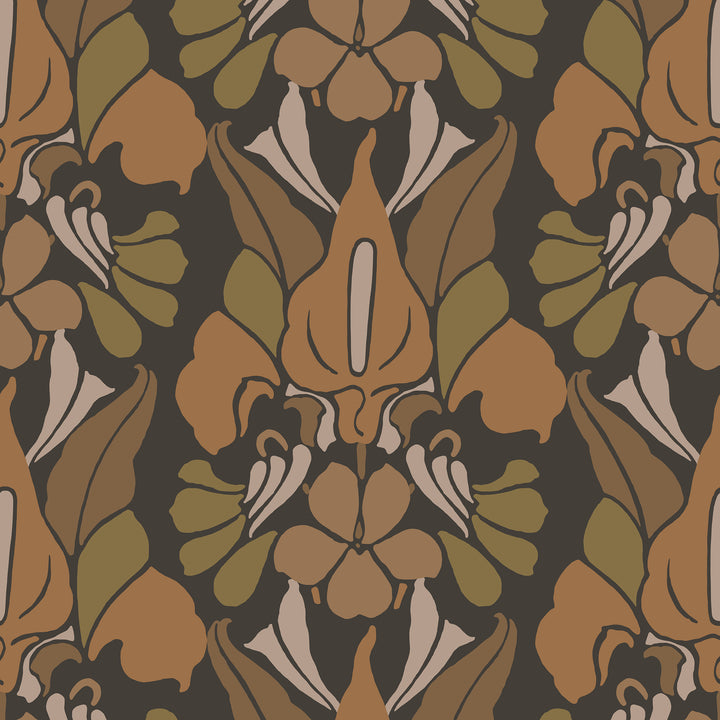 Dragon Flower - Burnt Sienna Floral Wallpaper