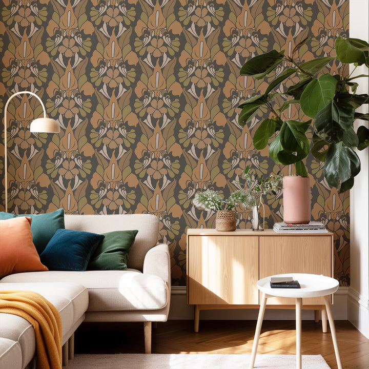 Dragon Flower - Burnt Sienna Floral Wallpaper