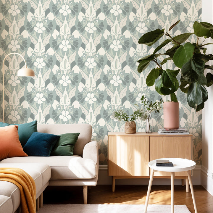 Dragon Flower - Ash Blue Floral Wallpaper