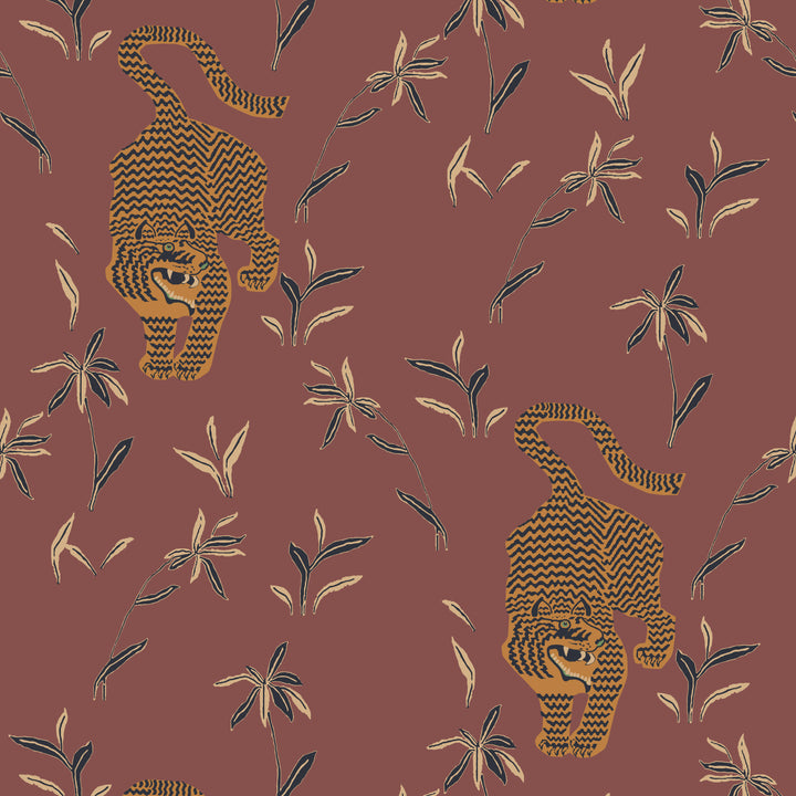 Stalking Tiger - Antique Red Wallpaper