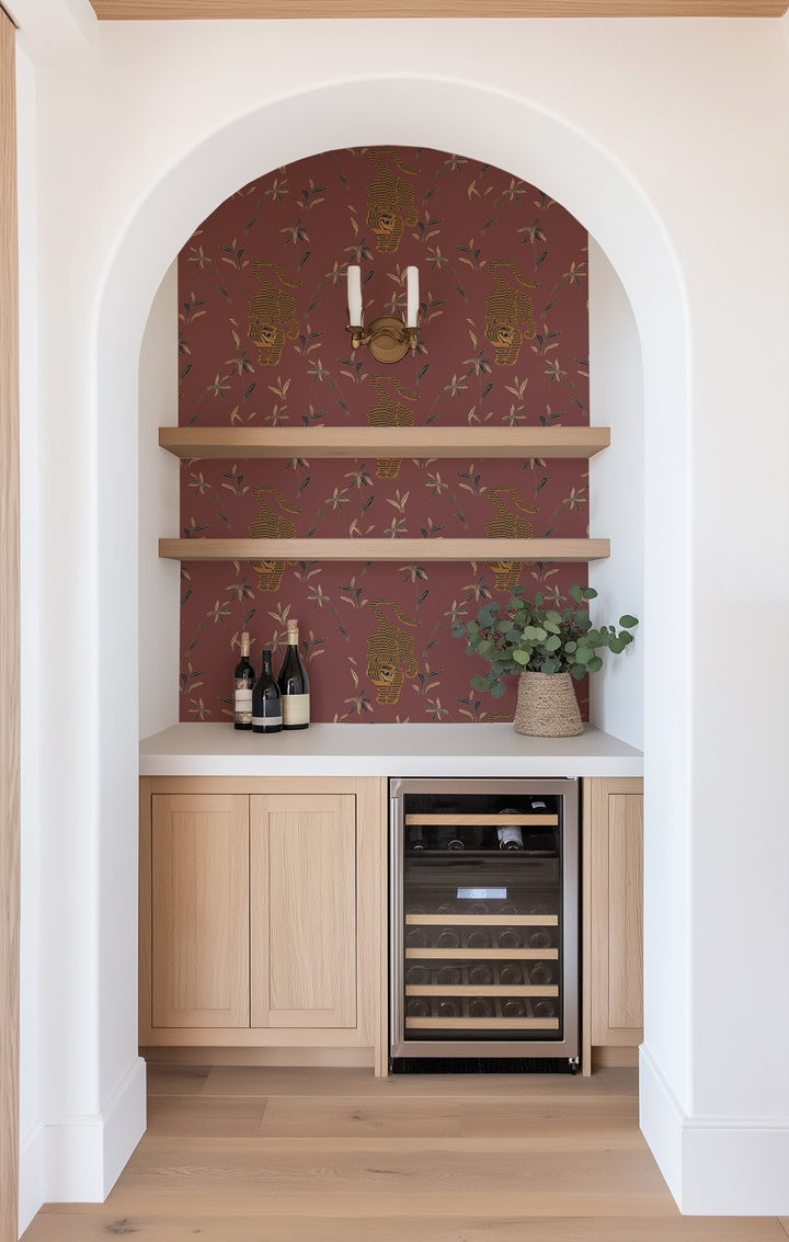 Stalking Tiger - Antique Red Wallpaper