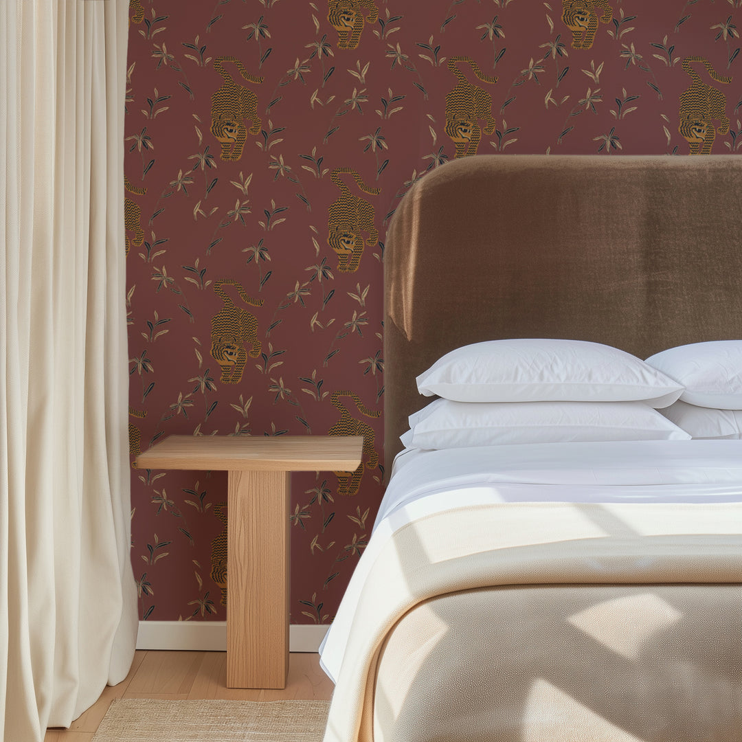 Stalking Tiger - Antique Red Wallpaper