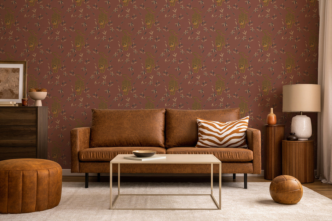 Stalking Tiger - Antique Red Wallpaper