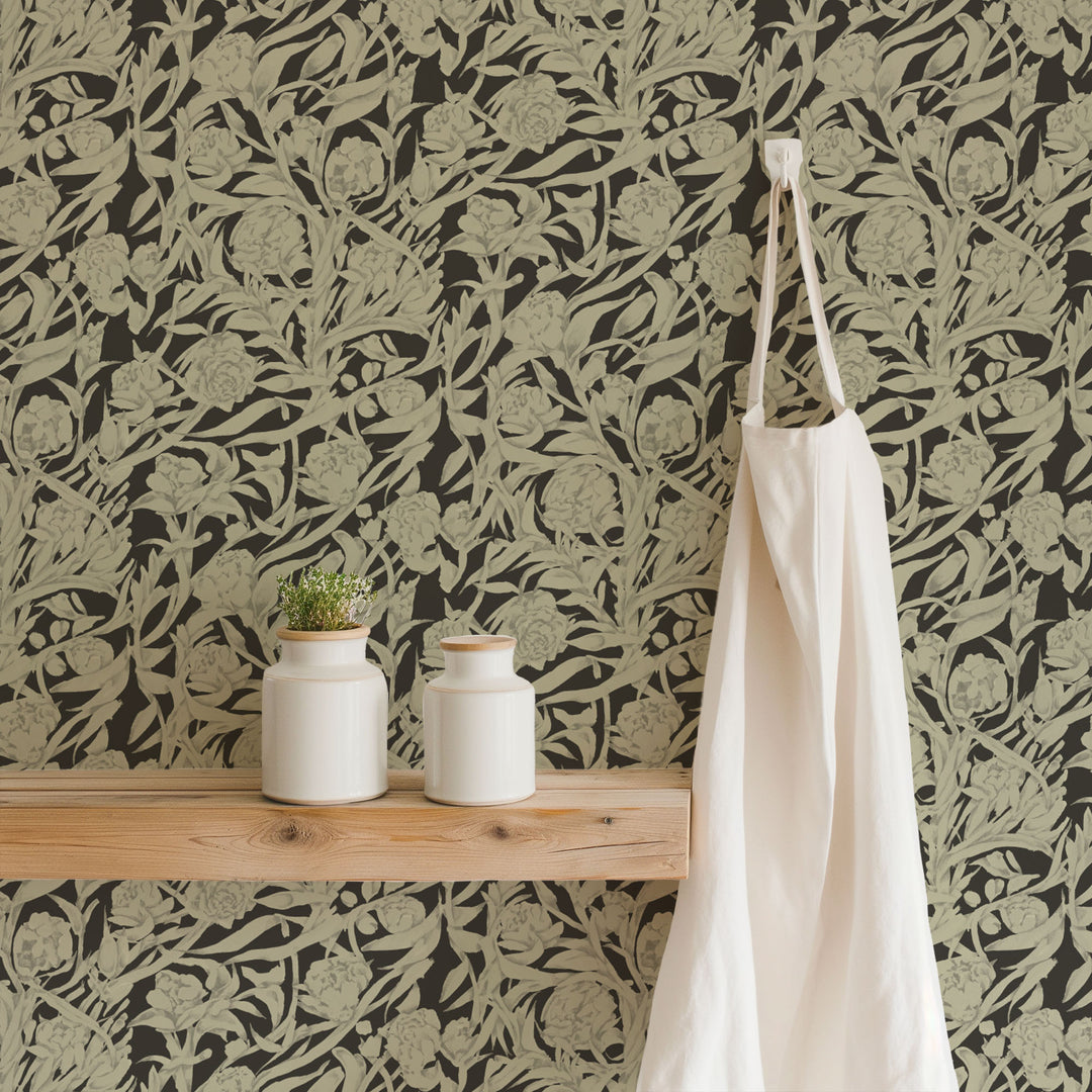 Wandervine - Ebony Taupe Botanical Wallpaper