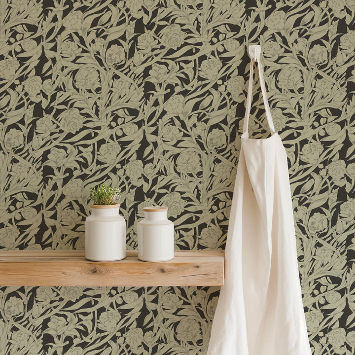 Wandervine - Ebony Taupe Botanical Wallpaper