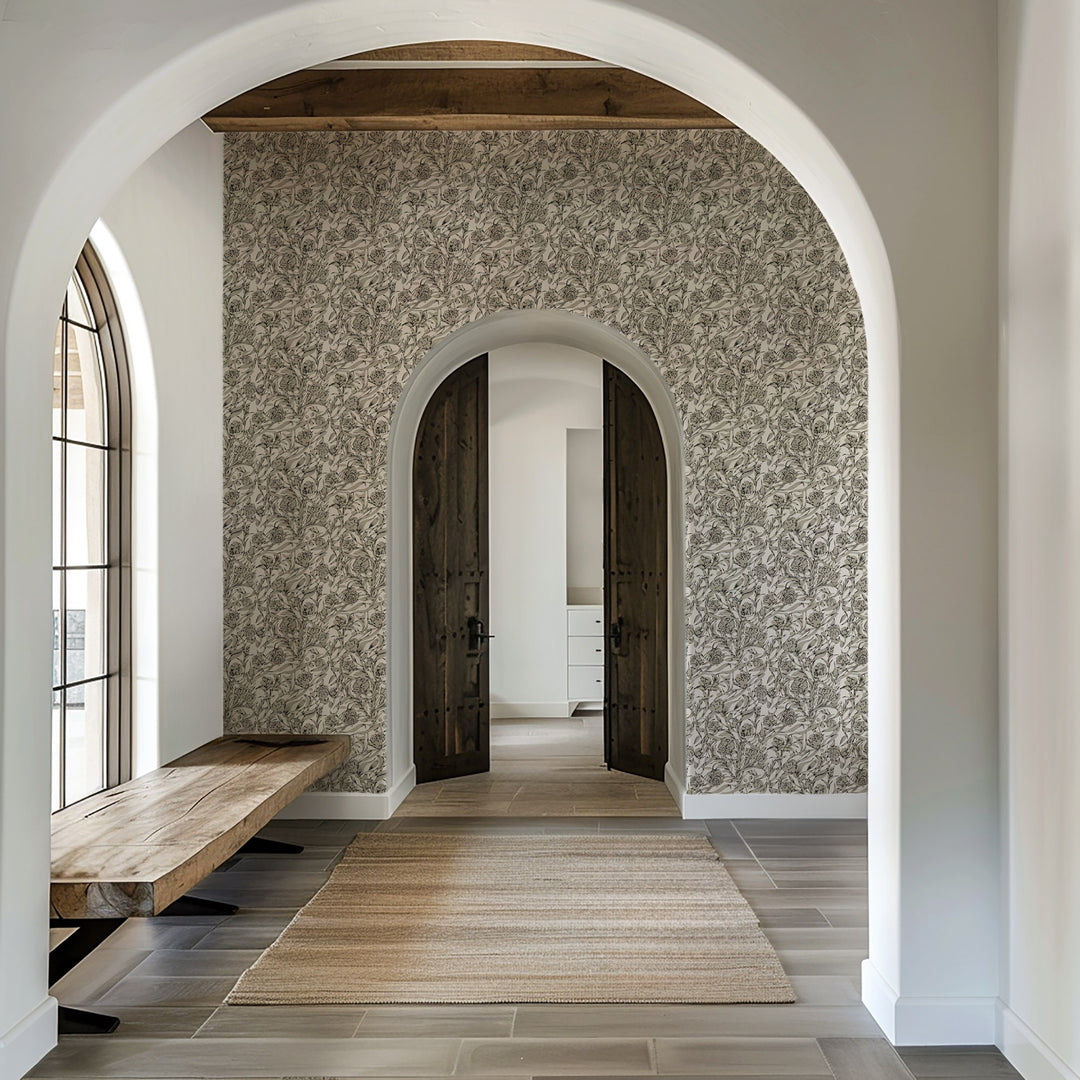 Wandervine - Newsprint Beige Botanical Wallpaper