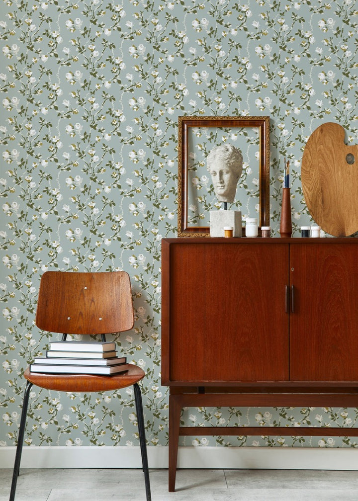 Rose Thorns - Ash Blue Floral Wallpaper