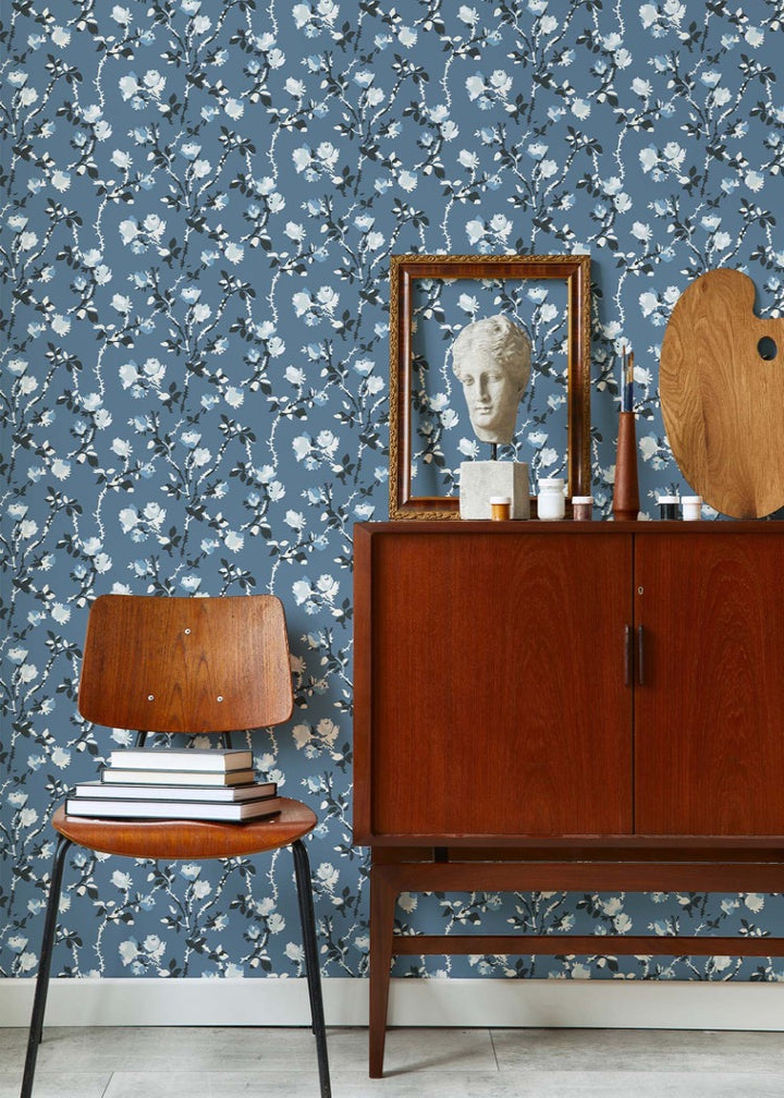 Rose Thorns - Blue Salt Floral Wallpaper