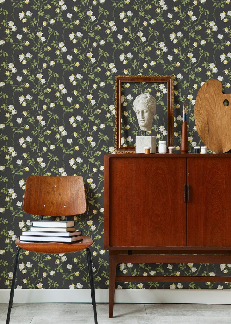 Rose Thorns - Soot Black Floral Wallpaper