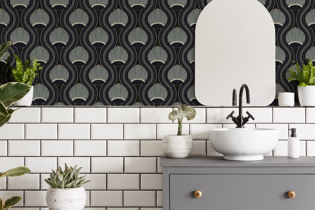 African Art Deco Shell - Black and Blue Wallpaper