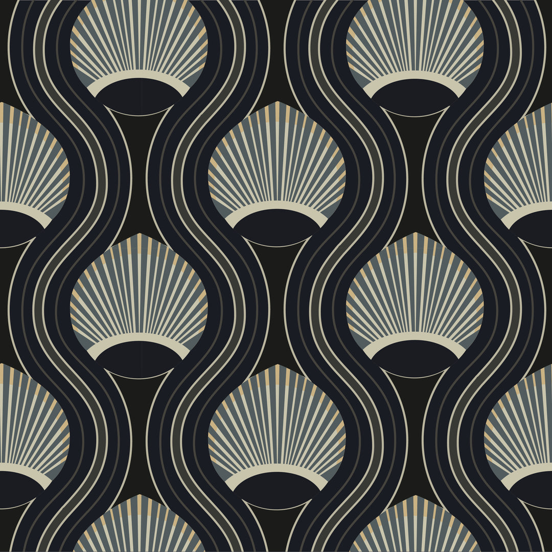 African Art Deco Shell - Black and Blue Wallpaper