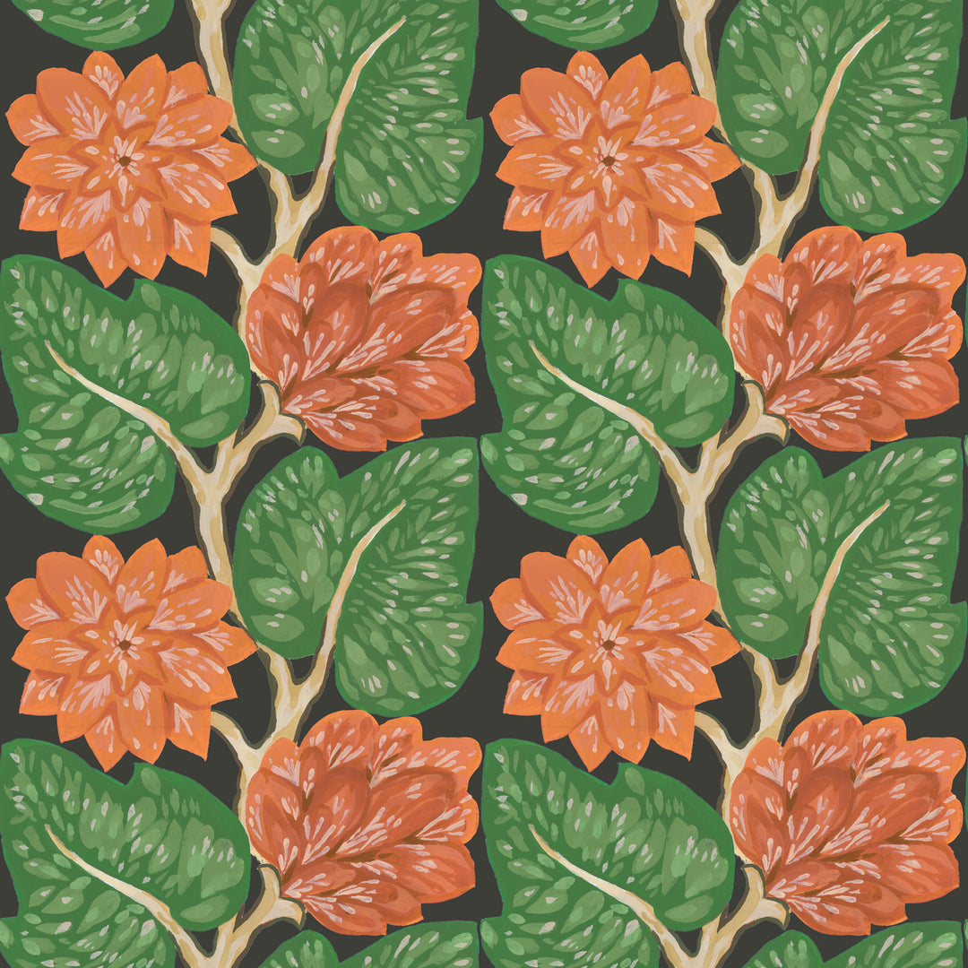 Vintage Vines - Vermillion Red on Black Floral Wallpaper by Bohemian Bungalow