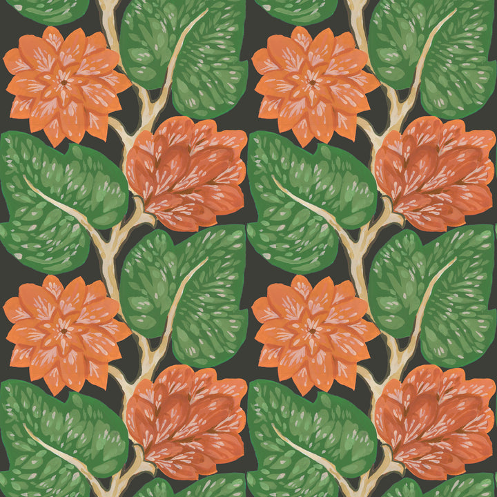 Vintage Vines - Vermillion Red on Black Floral Wallpaper by Bohemian Bungalow
