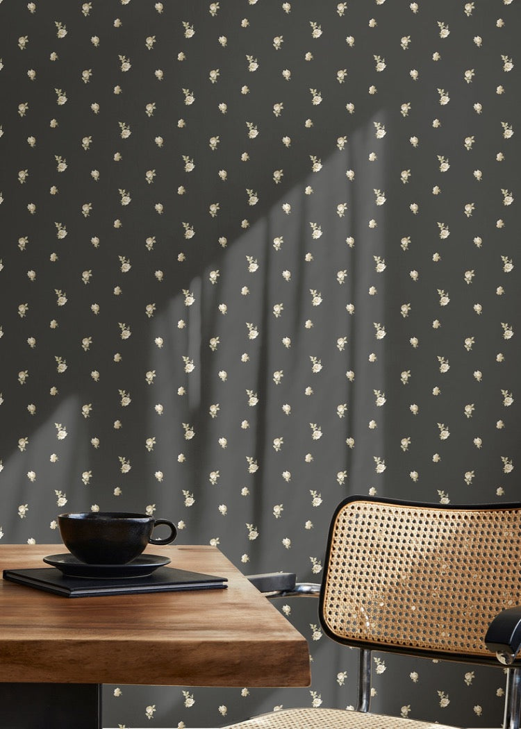 Miniature Roses - Soot Black Floral Wallpaper