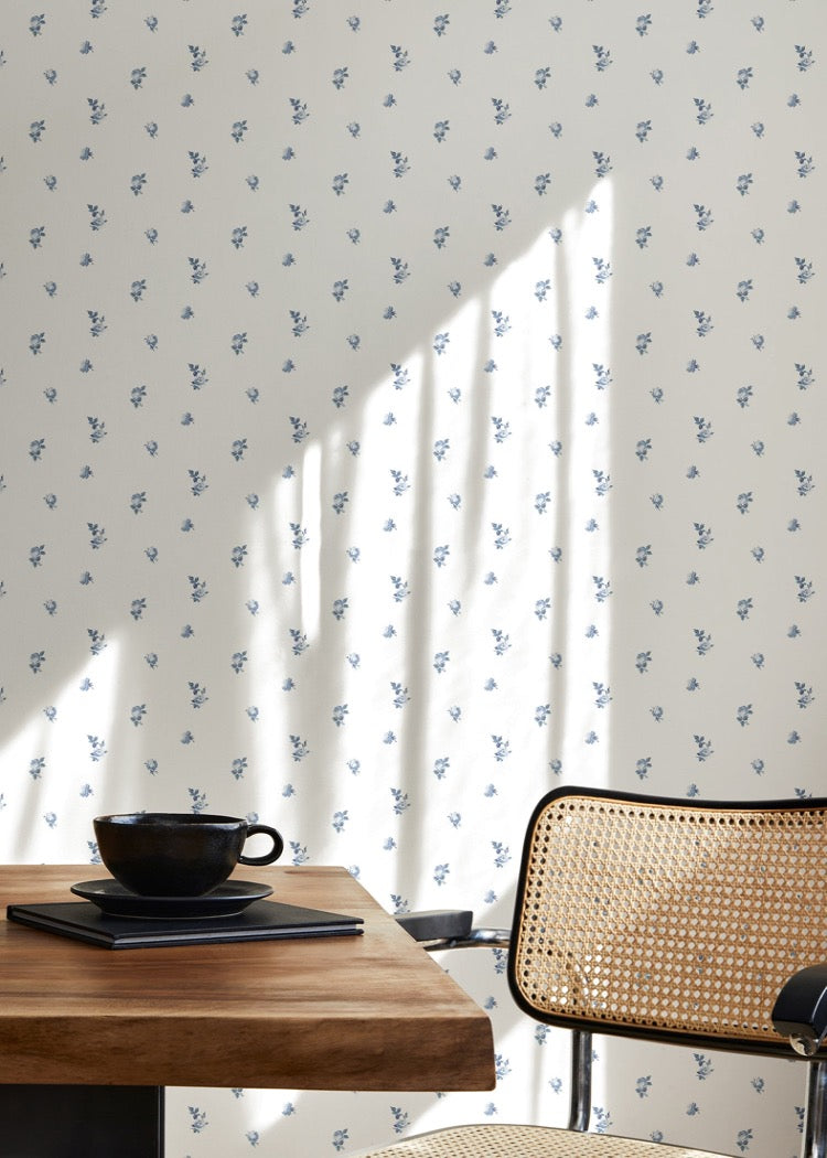 Miniature Roses - Porcelain Blue Floral Wallpaper