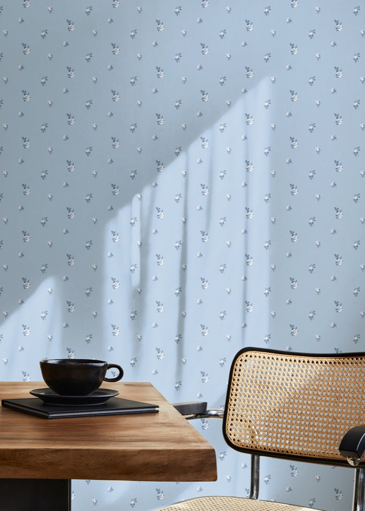 Miniature Roses - Powered Blue Floral Wallpaper